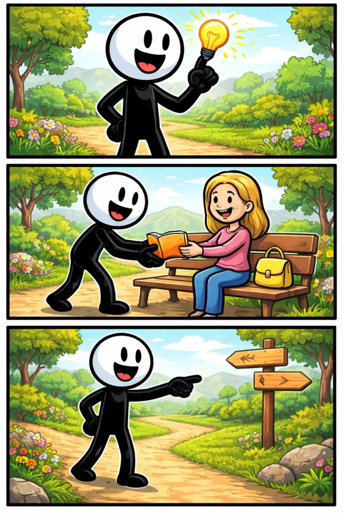 Stickman krijgt een aanwijzing, wijst een richting aan en volgt daarna de juiste weg.