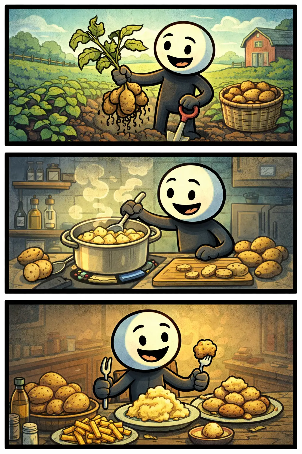 Een Toonwords-strip met drie panelen onder elkaar over Aardappelen: in het eerste paneel haalt een stickman aardappelen uit de grond op een akker, in het tweede paneel schilt en snijdt de stickman de aardappelen in een keuken, in het derde paneel eet de stickman blij een bord met gekookte of gebakken aardappelen aan tafel.