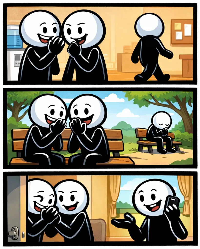 Stickman hoort dat anderen achter iemands rug om praten terwijl de persoon niets doorheeft in een andere ruimte