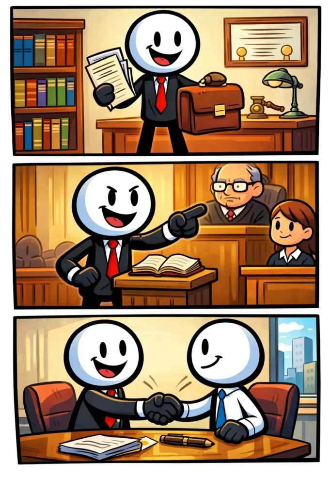 Een stickman als advocaat in een rechtszaal die een zaak bepleit, documenten bekijkt en een cliënt ondersteunt.