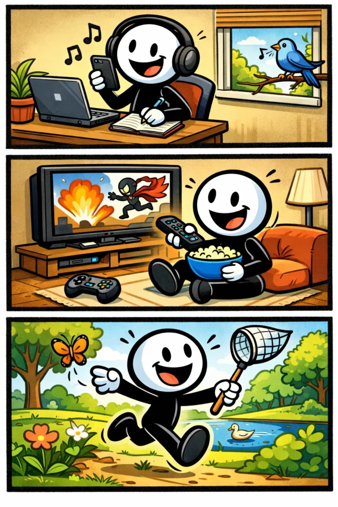 Toonwords-strip van het woord afleiding: een stickman probeert zich op iets te concentreren maar wordt door verschillende dingen om zich heen afgeleid.