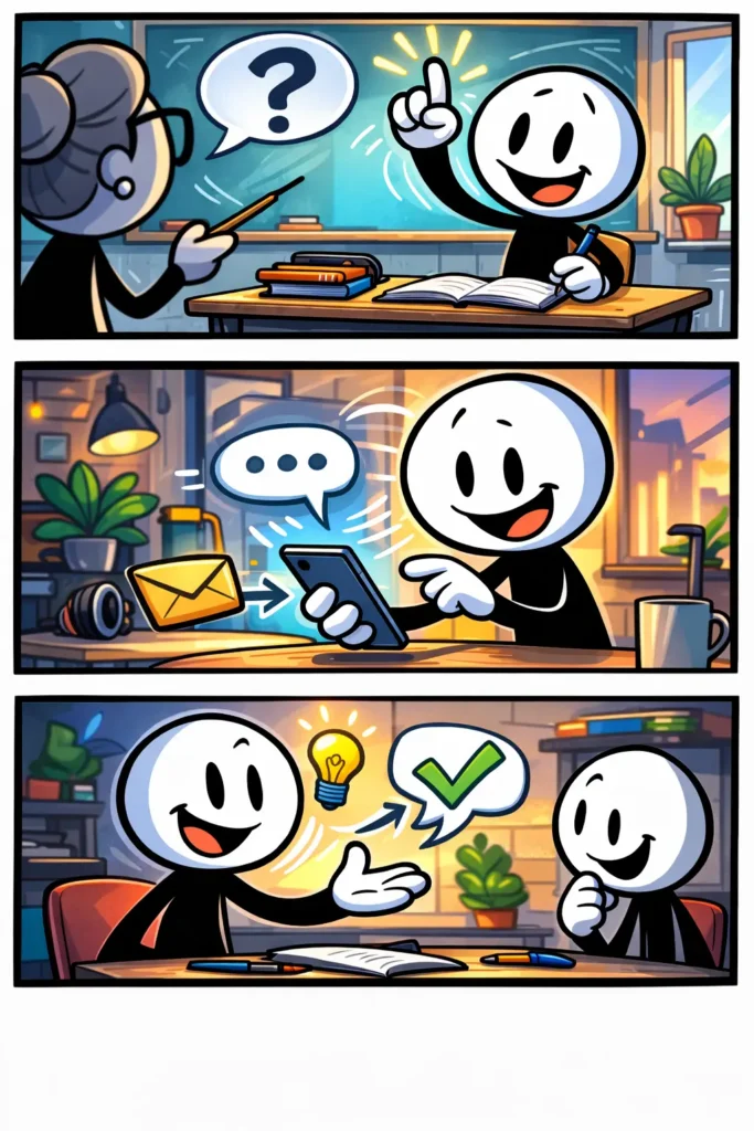 Een Toonwords-strip waarin een stickman in drie scènes een antwoord geeft in verschillende situaties.