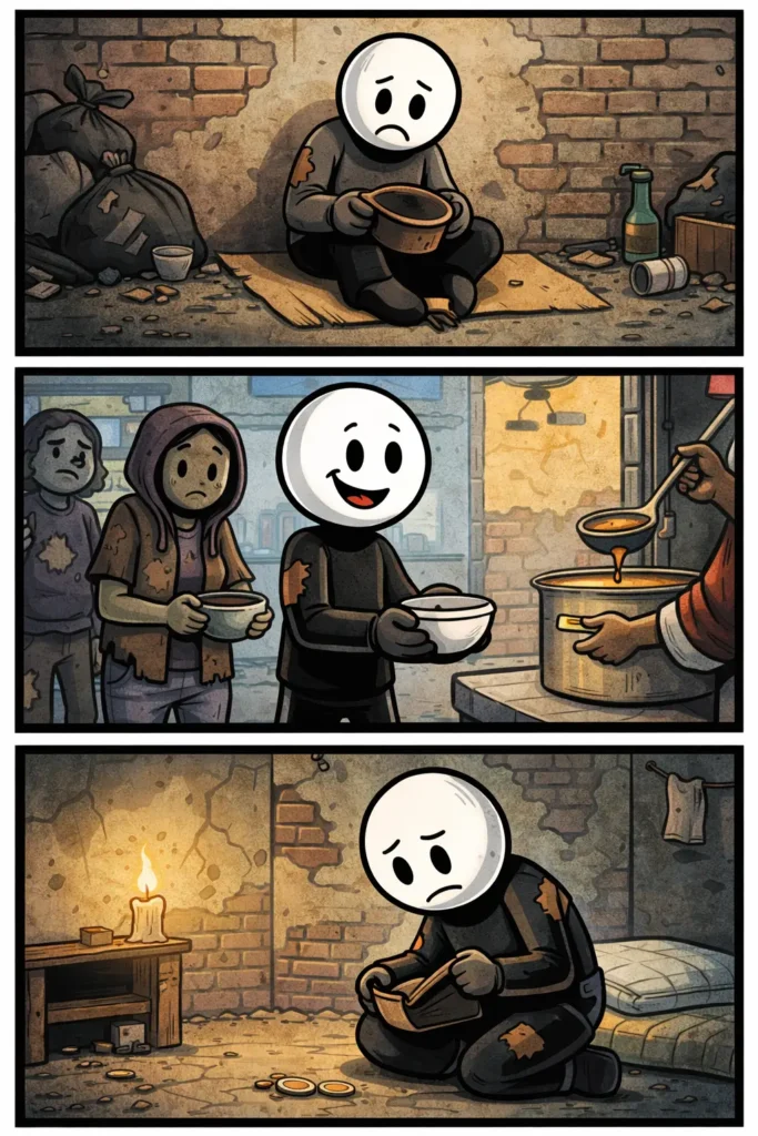 Een Toonwords-strip van het woord armoede waarin een stickman weinig middelen heeft in verschillende situaties, zoals een lege portemonnee, een eenvoudige woning en het zoeken naar hulp, met een rustige maar hoopvolle houding.