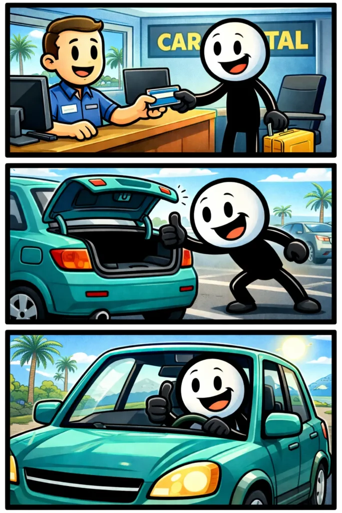 Strip met drie panelen waarin een stickman een huurauto ophaalt, inspecteert en ermee wegrijdt, passend bij het woord autohuur.