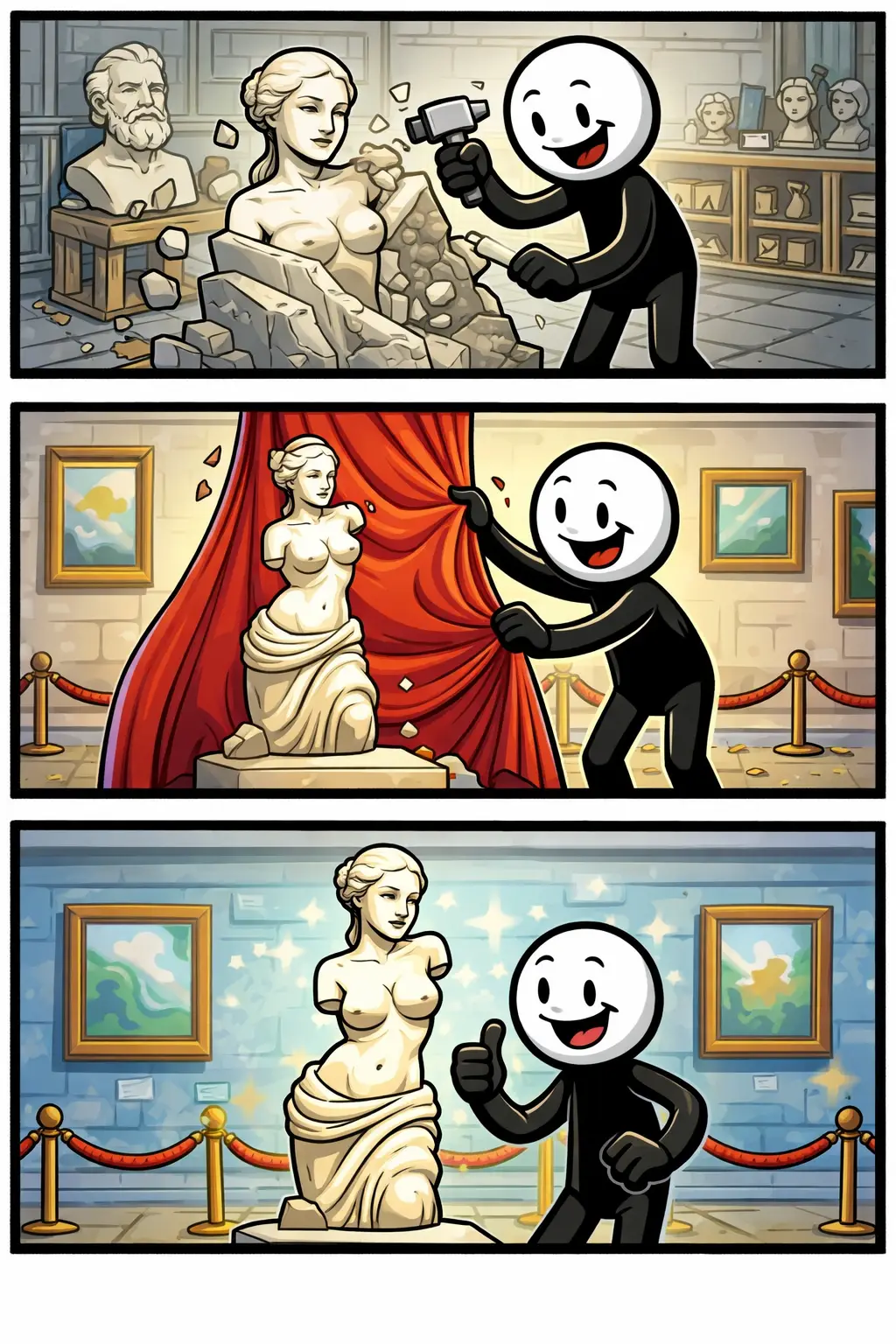 Een stickman maakt een beeld van steen in een atelier, onthult het beeld in een museum en staat er trots naast terwijl het beeld wordt bewonderd.