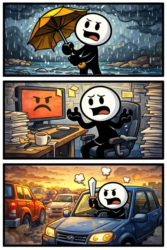 Stickman beklaagt zich in drie situaties met verschillende frustrerende momenten en expressieve houdingen.