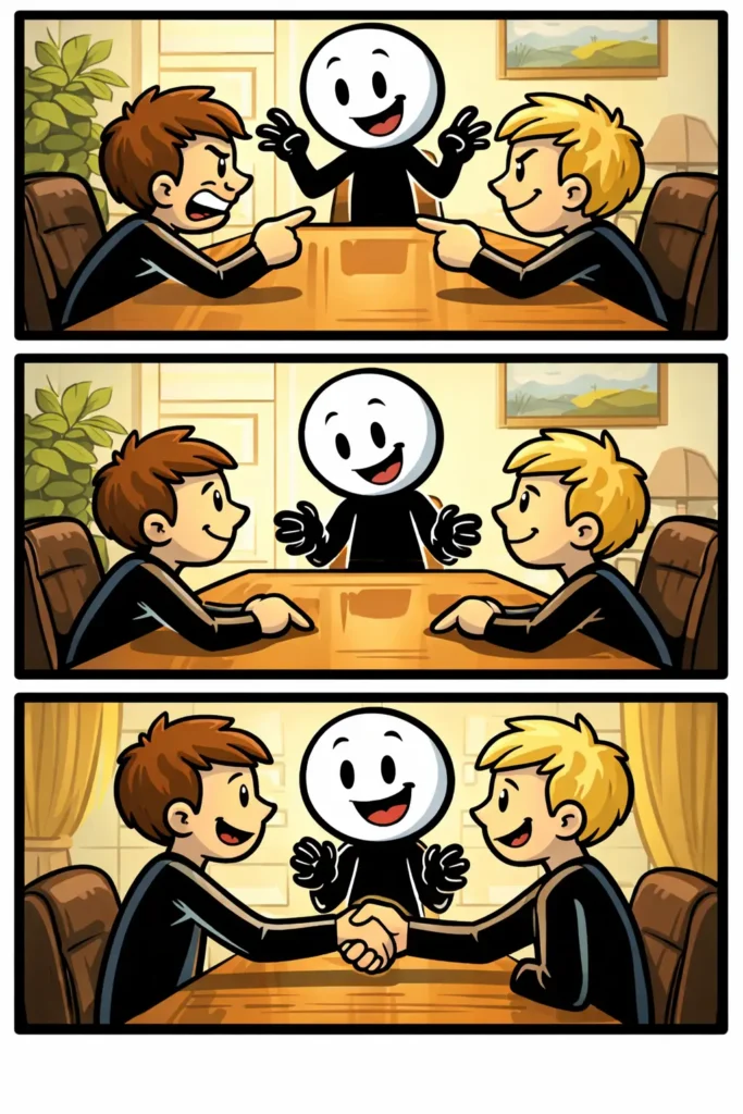 Stickman staat tussen twee ruziënde figuren en helpt door bemiddelen om samen tot een oplossing te komen in drie stappen.