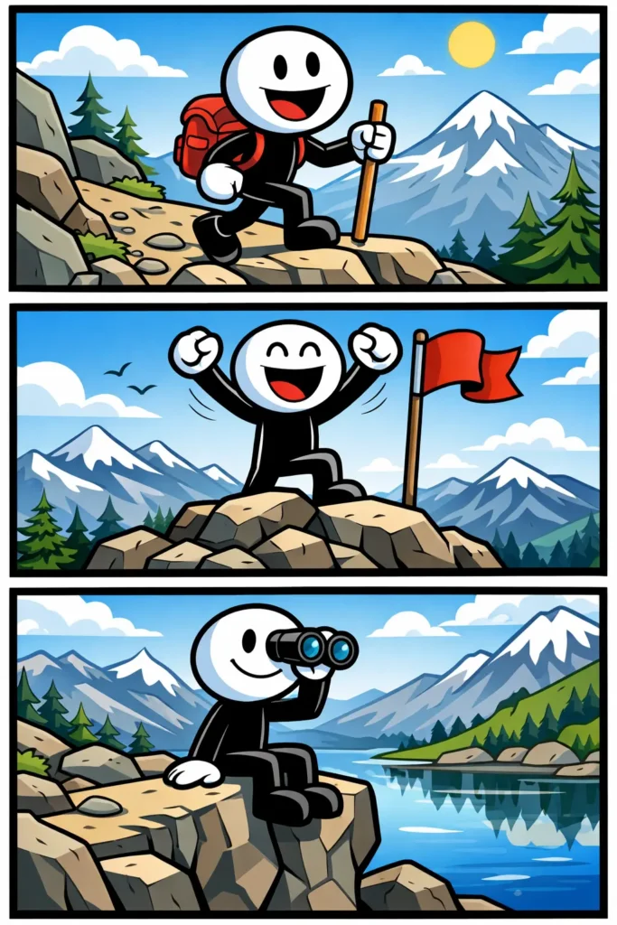 Een Toonwords-afbeelding met het Nederlandse woord berg waarin een stickman bij verschillende bergmomenten te zien is.