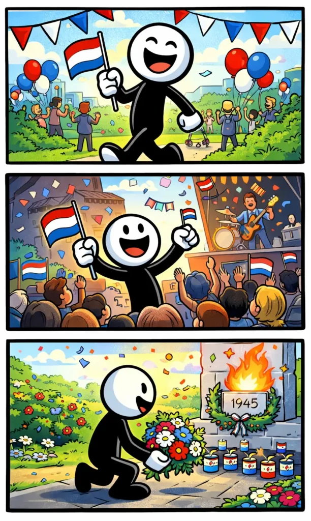 Een stripafbeelding van Bevrijdingsdag met drie panelen: een stickman die een vlag hijst op een plein, daarna feestend tussen mensen met vlaggetjes en muziek, en tenslotte ontspannen in het park kijkt naar een zonsondergang in vrijheid.
