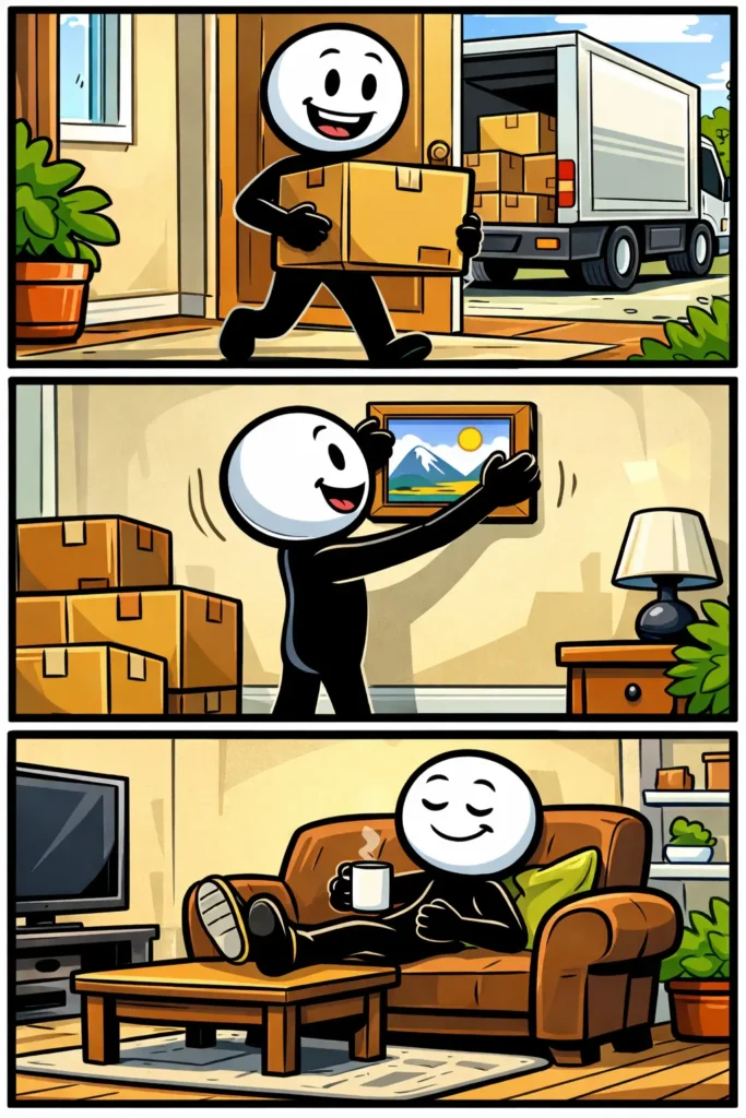 Toonwords-strip met drie panelen waarin een stickman het gebouw binnentrekt: eerst buiten bij een deur, daarna de deur openend en tenslotte naar binnen lopend in een interieur.