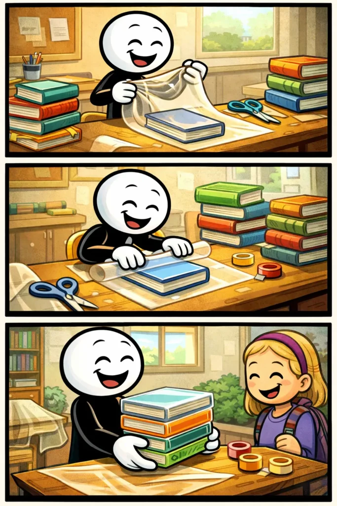 Stripafbeelding met drie panelen onder elkaar in Toonwords-stijl over Boeken kaften: een stickman met witte kop en zwart lichaam meet eerst kaftpapier rond een schoolboek, vouwt daarna zorgvuldig de hoeken om en plakt tenslotte de kaft netjes vast op een tafel, met in elk paneel een ander decor en een rustige, geconcentreerde sfeer.