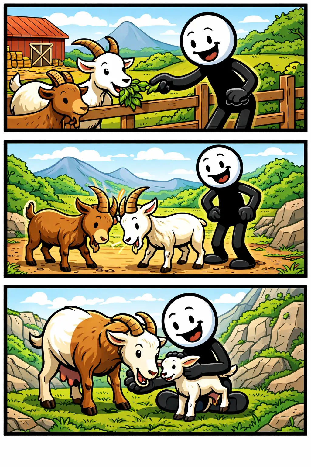 Een stickman staat tussen meerdere bokken op een bergachtig landschap, waarbij in drie panelen te zien is hoe hij bokken voert, twee bokken ziet botsen en daarna een jonge bok aait naast een grotere geit.