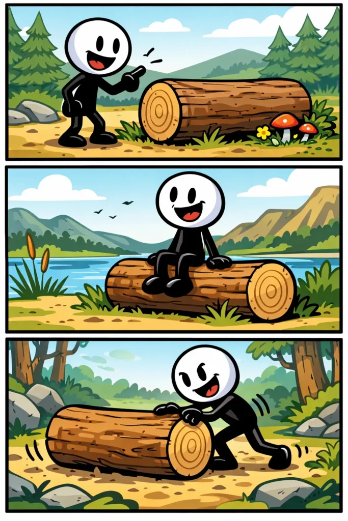 Stickman ontdekt een boomstam in het bos, zit er even op en rolt daarna de boomstam vooruit over het bospad.