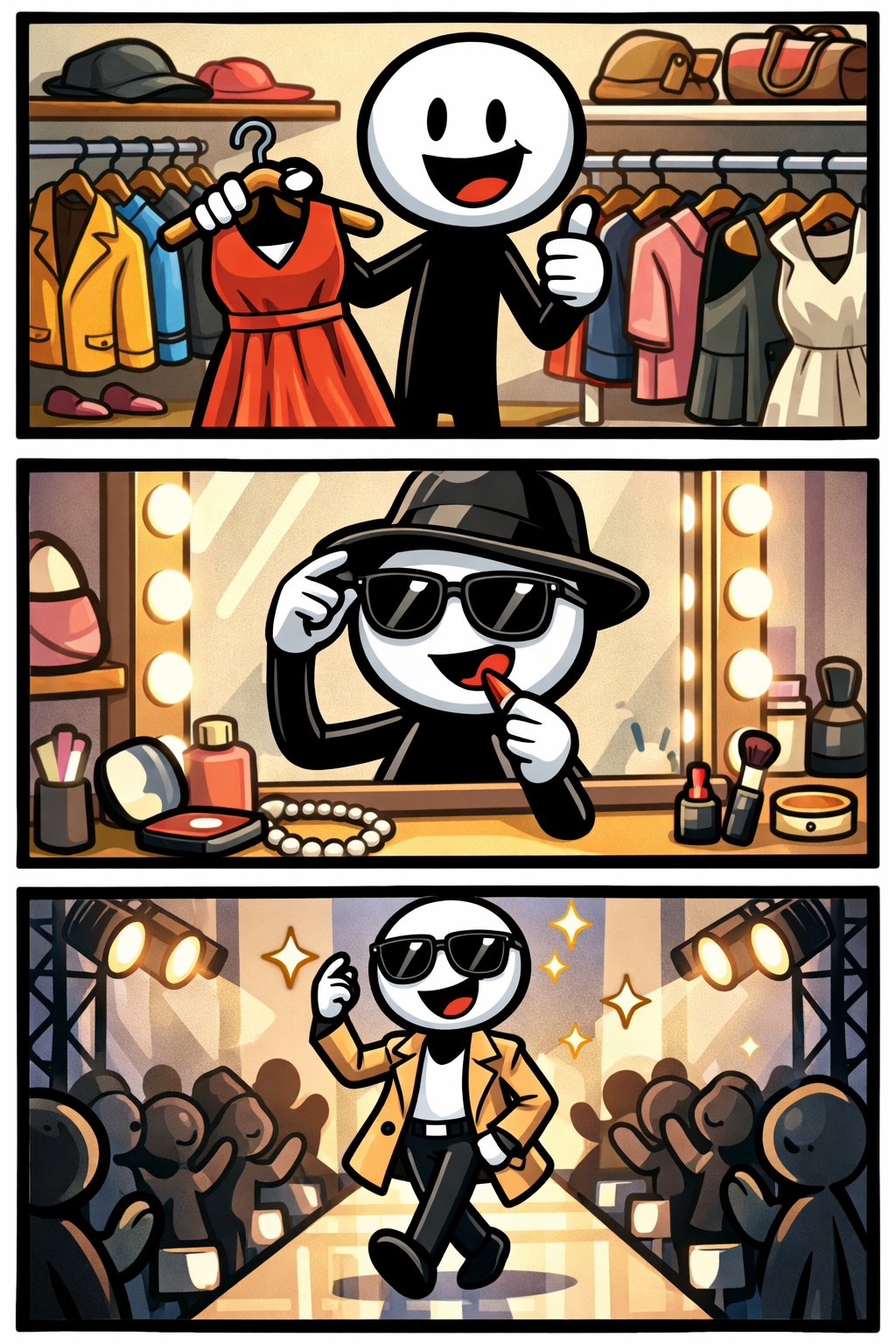 Stripafbeelding van het woord Mode met een stickman die kleding uitzoekt in een winkel, zich opmaakt voor de spiegel en zelfverzekerd over een catwalk loopt.