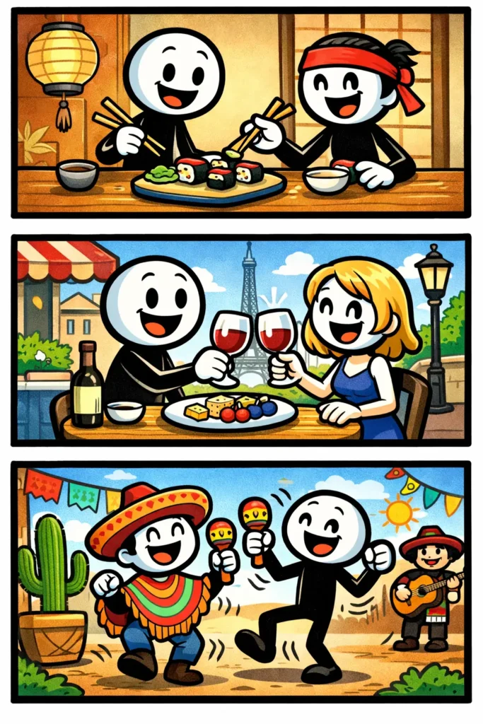 Een Toonwords stripafbeelding met drie panelen waarin een stickman verschillende cultuurverschillen ervaart, zoals begroetingen, eten en gebruiken, elk in een andere omgeving.