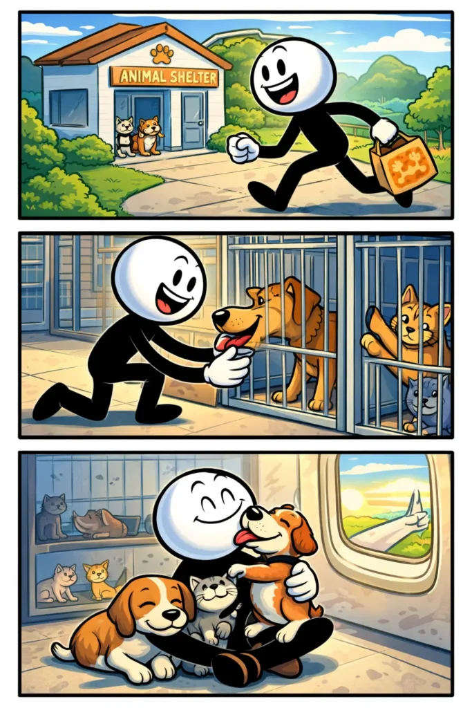 Een stickman die een dierenasiel bezoekt, dieren begroet en vervolgens liefdevol met honden en katten zit in het dierenasiel.