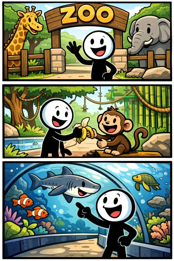 Stickman bezoekt een dierentuin, ziet dieren bij de ingang, voert een aap een banaan en kijkt naar vissen en een haai in een onderwatertunnel.