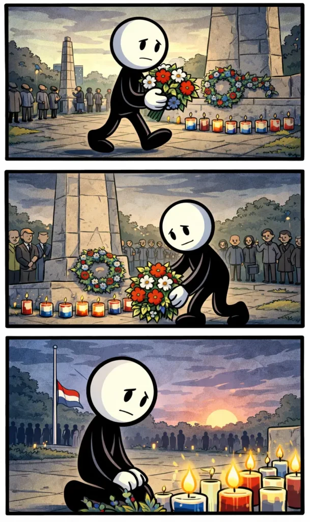 Een stripafbeelding van Dodenherdenking met drie panelen: een stickman die bloemen draagt naar een monument, vervolgens knielt en bloemen neerlegt bij kaarsen, en tenslotte stil zit bij brandende kaarsen terwijl de zon ondergaat.