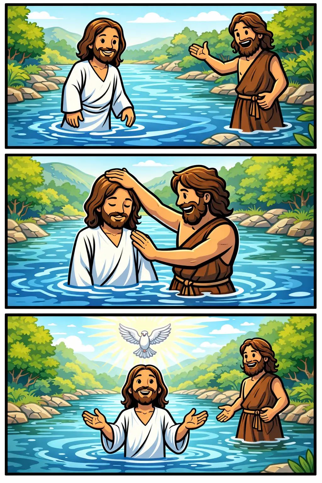 Johannes de Doper doopt Jezus in de Jordaanrivier terwijl een duif boven het water verschijnt.