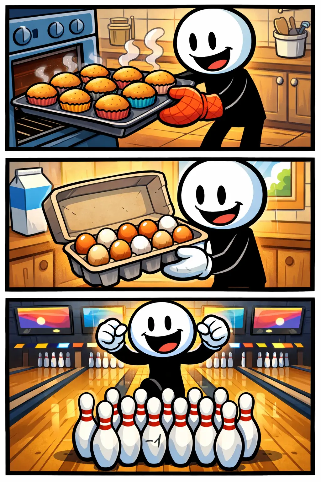 Een stripafbeelding in Toonwords-stijl over het woord dozijn, met een stickman die situaties met twaalf voorwerpen toont.