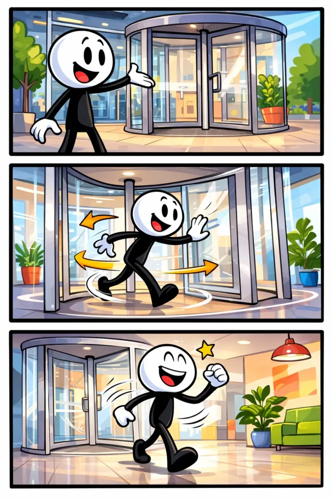 Toonwords-strip met een stickman die door een draaideur van een modern gebouw loopt terwijl de deur rond draait.
