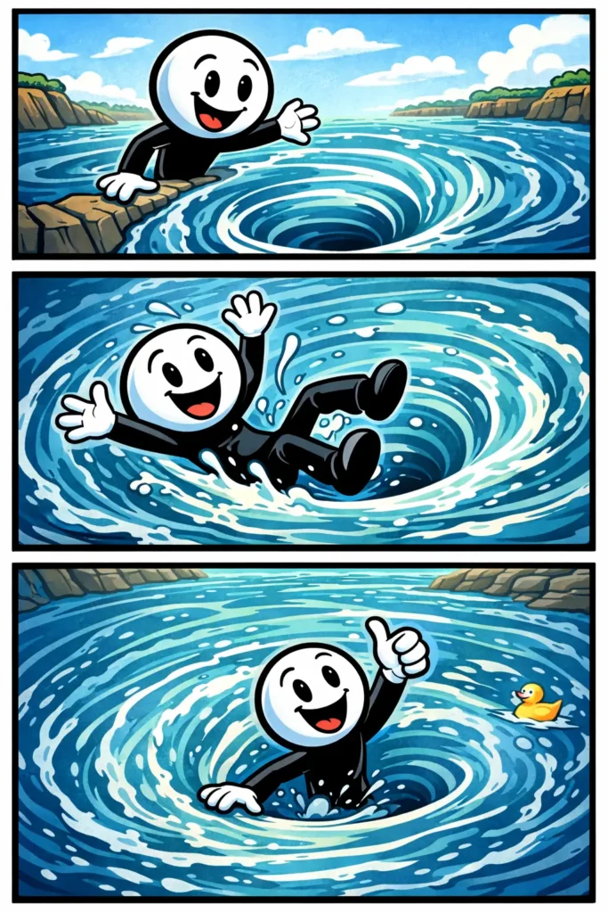 Stickman kijkt verbaasd naar een grote draaikolk in het water terwijl het water in cirkels naar het midden draait.