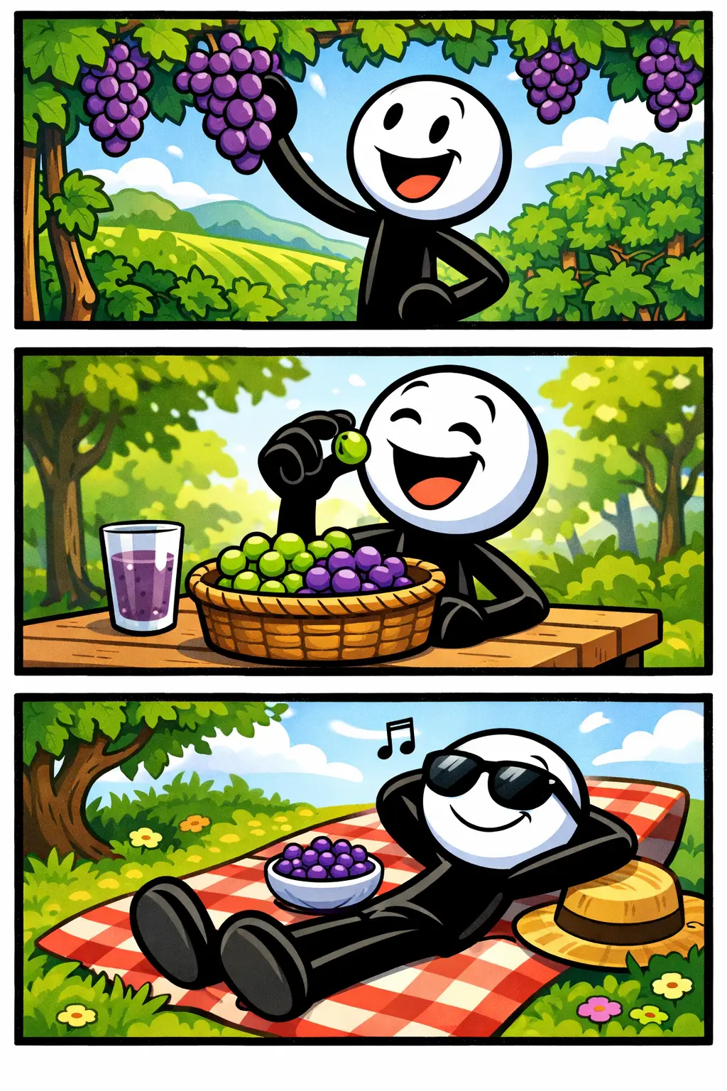 Een Toonwords-stickman plukt en eet druiven in drie panelen: eerst kijkend naar een wijngaard, daarna druiven plukkend en tenslotte genietend van de druiven met een tevreden gezicht.