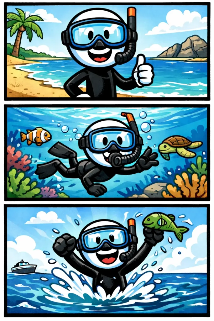 Stickman met een duikbril ontdekt vrolijk de onderwaterwereld terwijl vissen en waterplanten om hem heen zwemmen.