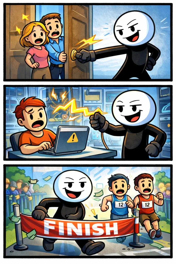 Een strip met drie panelen over dwarsbomen: in het eerste paneel probeert een stickman vooruit te lopen maar een ander blokkeert zijn pad, in het tweede paneel wordt een plan tegengehouden door iemand die iets wegduwt, en in het derde paneel kijkt de stickman verbaasd terwijl zijn actie opnieuw wordt verhinderd.