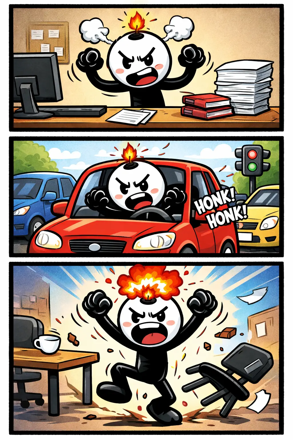 Een kort lontje hebben: stickman met witte kop en zwart lichaam die eerst rustig is, daarna zichtbaar geïrriteerd raakt en uiteindelijk boos reageert in drie gekleurde panelen met verschillende omgevingen.