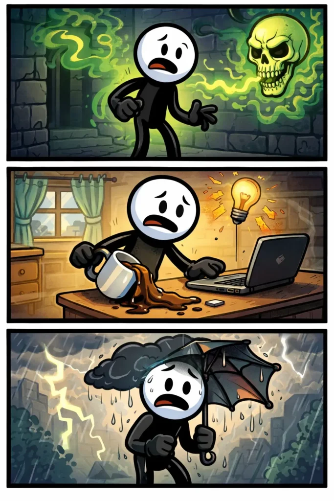 Stickman ervaart een vloek doordat hij eerst boos iets roept, daarna pech krijgt en uiteindelijk verbaasd naar de gevolgen kijkt in drie opeenvolgende panelen.