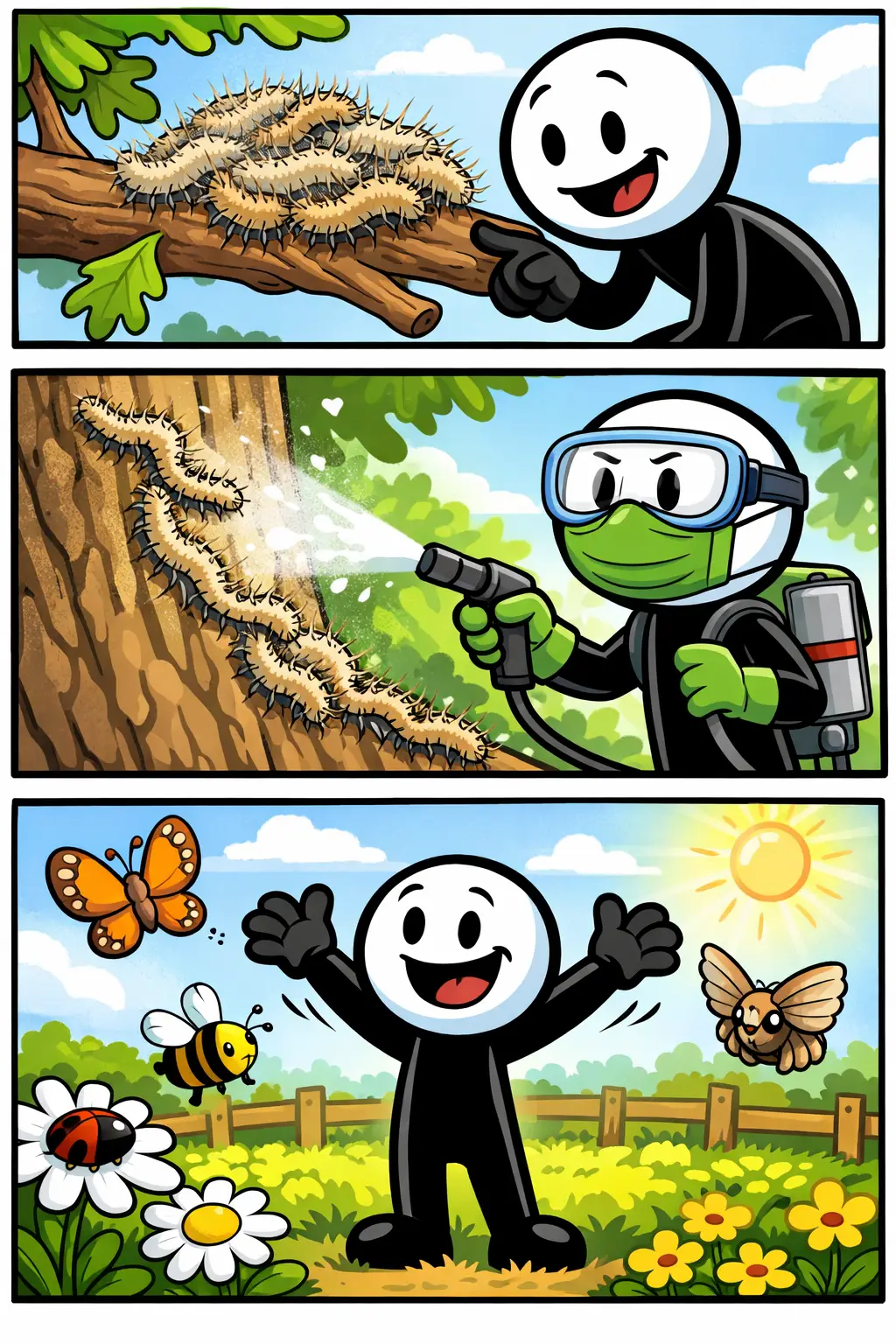 Drie panelen in Toonwords-stijl met een stickman die een eikenboom bekijkt, vervolgens schrikt van rupsen met brandharen in een nest, en daarna afstand houdt terwijl waarschuwingslint om de boom hangt bij de eikenprocessierups.