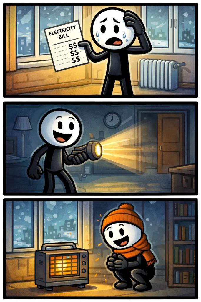 Een Toonwords-strip met drie panelen onder elkaar over Energiecrisis: in het eerste paneel zit een stickman thuis terwijl lampen uitgaan en hij verbaasd kijkt, in het tweede paneel kijkt de stickman naar een hoge energierekening met een geschrokken gezicht, in het derde paneel probeert de stickman energie te besparen door een trui aan te trekken en kaarsen te gebruiken, terwijl hij toch positief blijft.