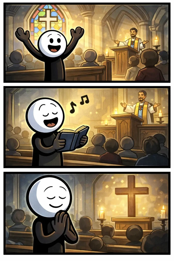 Stickman beleeft een Eredienst door eerst te luisteren, daarna te zingen en uiteindelijk te bidden in een warme kerkelijke omgeving in drie opeenvolgende panelen.