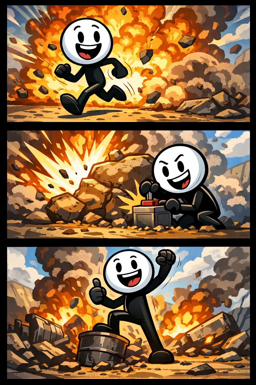 Toonwords-strip van het woord Explosie waarin een stickman een plotselinge knal en uitbarsting van kracht meemaakt in drie opeenvolgende momenten.