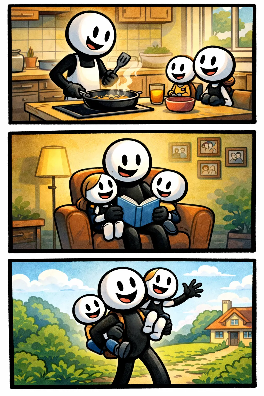 Stickman als familiehoofd die in drie panelen verschillende momenten laat zien: eerst kookt hij voor het gezin in de keuken, daarna leest hij samen met twee kinderen in een stoel en tenslotte wandelt hij buiten met de kinderen op zijn rug bij een huis in het groen.