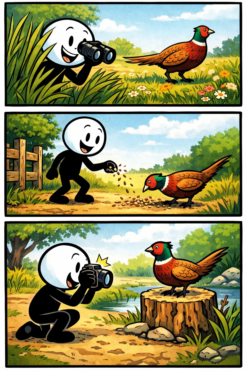 Stickman kijkt nieuwsgierig naar een fazant in de natuur, voert hem graantjes en maakt daarna een foto van de vogel die op een boomstronk staat.