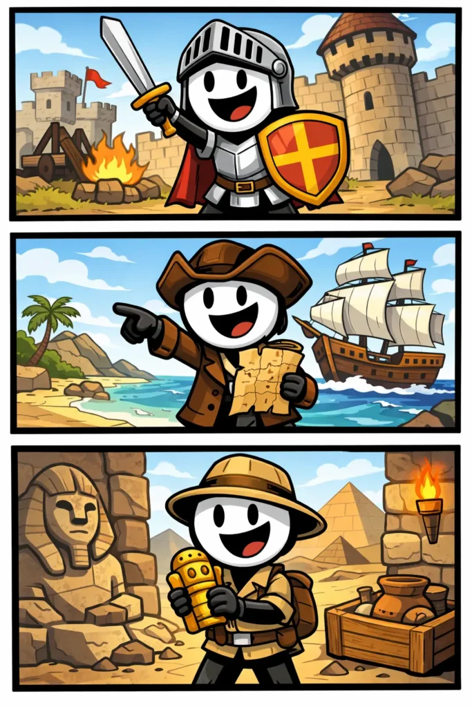 Toonwords-strip van het woord geschiedenis: een stickman ontdekt oude voorwerpen, bekijkt een oud boek en wijst daarna naar een tijdlijn die het verleden laat zien.