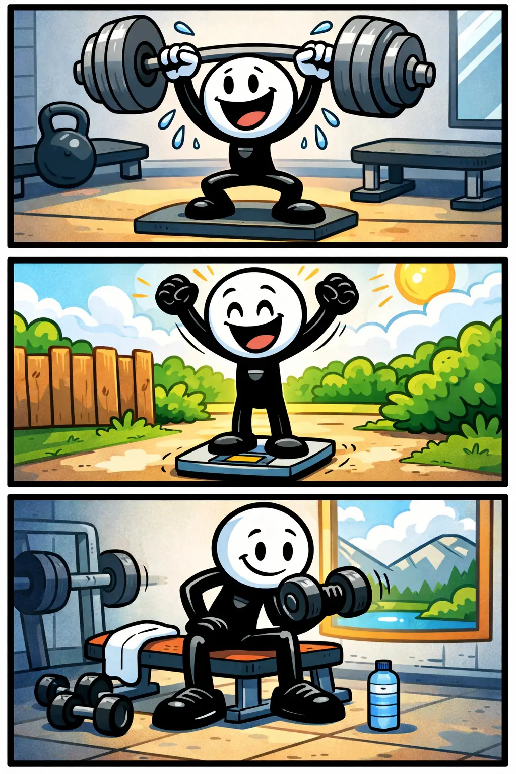 Stickman meet gewicht door een object op te tillen, op een weegschaal te staan en een zwaar blok te dragen in drie verschillende scènes.