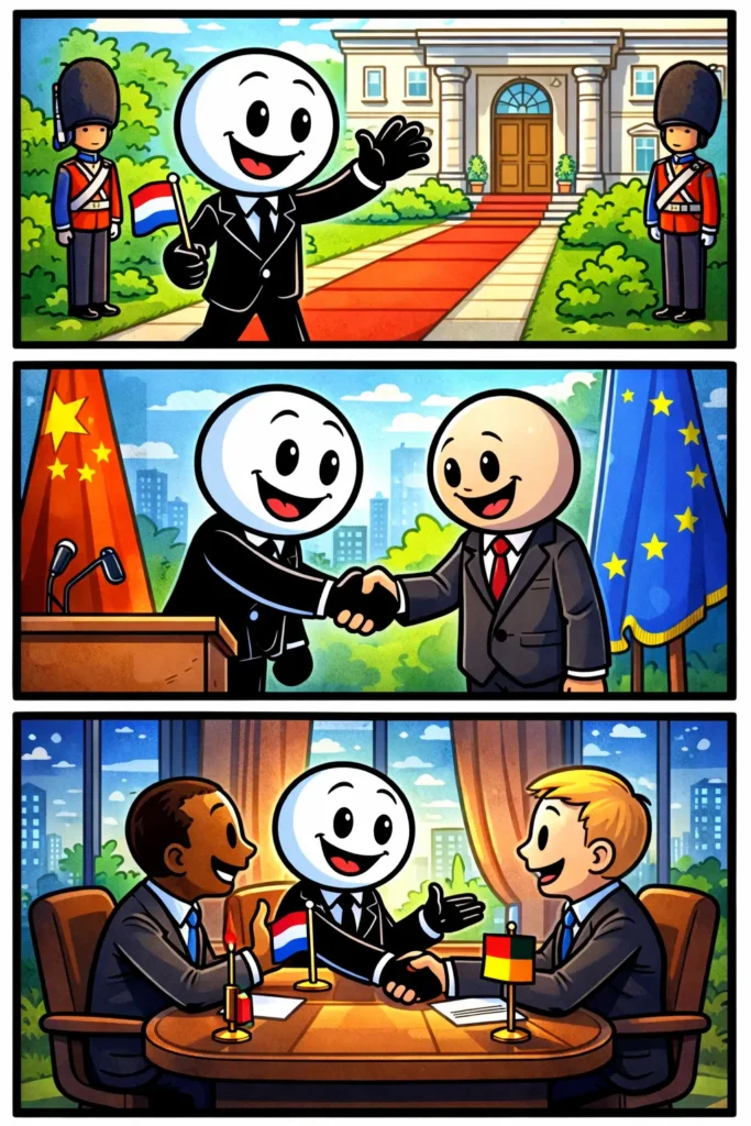 Stickman als gezant loopt met een brief naar een ander gebouw om een belangrijke boodschap over te brengen.