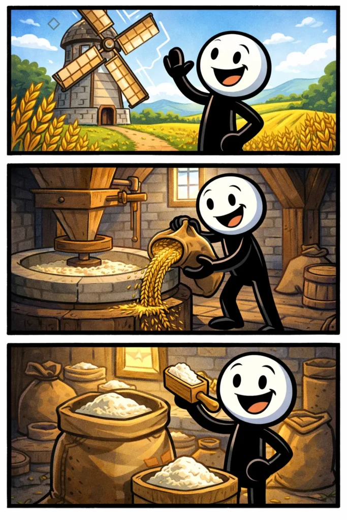 Een Toonwords-stickman bij een graanmolen in drie panelen: eerst buiten bij een molen in een veld, daarna binnen waar graan wordt gemalen en tenslotte met meel in zakken in een warme molenomgeving.