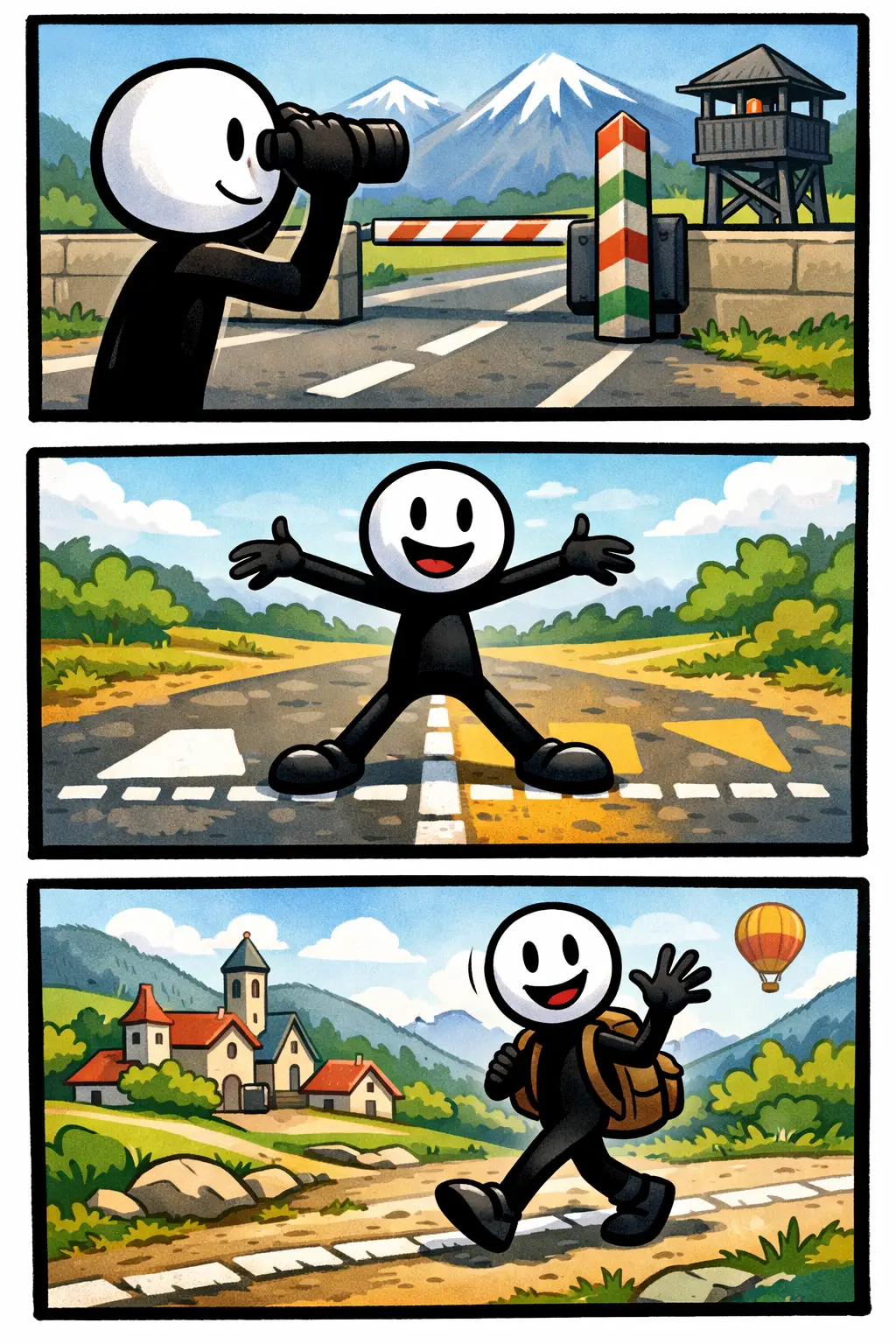 Stickman bij een geschilderde lijn op de grond die de grens markeert tussen twee gebieden; eerst nadert hij de lijn, daarna kijkt hij eroverheen en in het laatste paneel stapt hij voorzichtig over de grens.