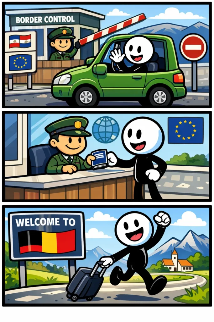 Stickman bij een grensovergang die de overgang tussen twee landen laat zien in drie momenten.