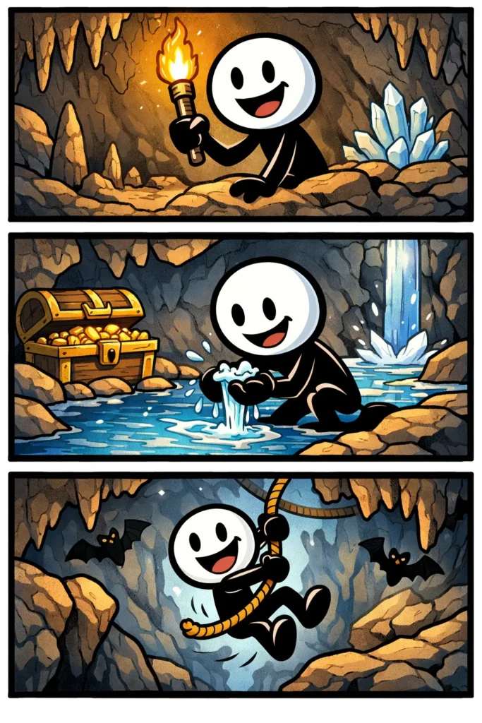 Stickman verkent een grot met rotswanden en schaduwen in drie verschillende momenten.