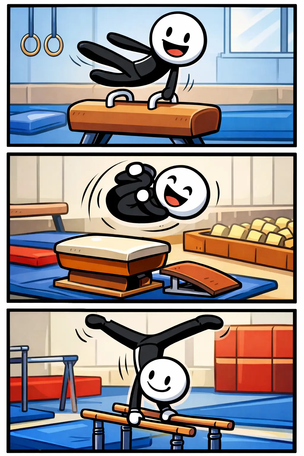 Een vrolijke stickman gymnast die op een paard draait, door de lucht salto’s maakt en eindigt in een handstand op de brug in een kleurrijke gymzaal