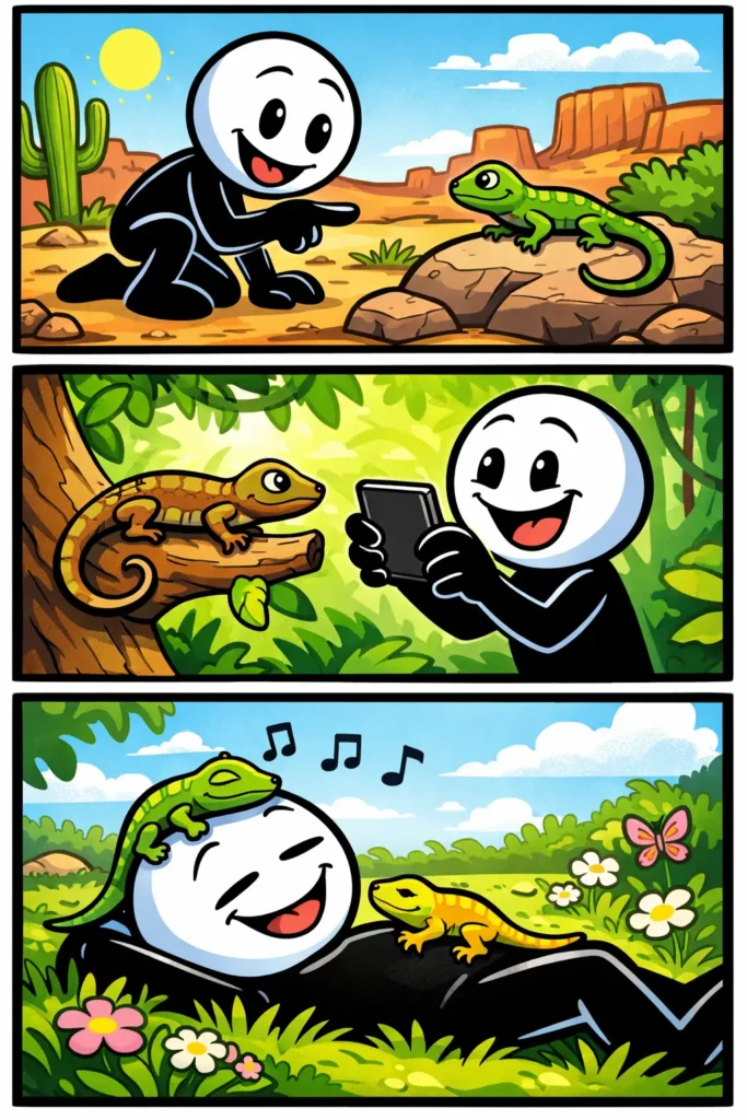 Stickman bekijkt een hagedis die over warme stenen rent en even stil blijft liggen in de zon.