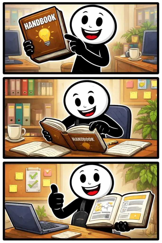 Een Toonwords strip van een stickman die een handboek openslaat, aandachtig leest en daarna iets succesvol uitvoert met behulp van het handboek.