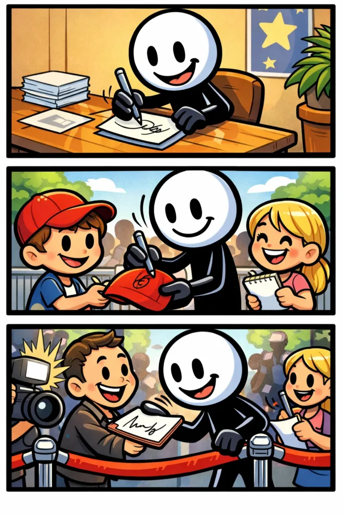 Een Toonwords-strip met drie panelen onder elkaar waarin een stickman een handtekening zet op een document aan een bureau, vervolgens trots naar de geschreven handtekening kijkt en tenslotte het ondertekende papier overhandigt in een andere omgeving.