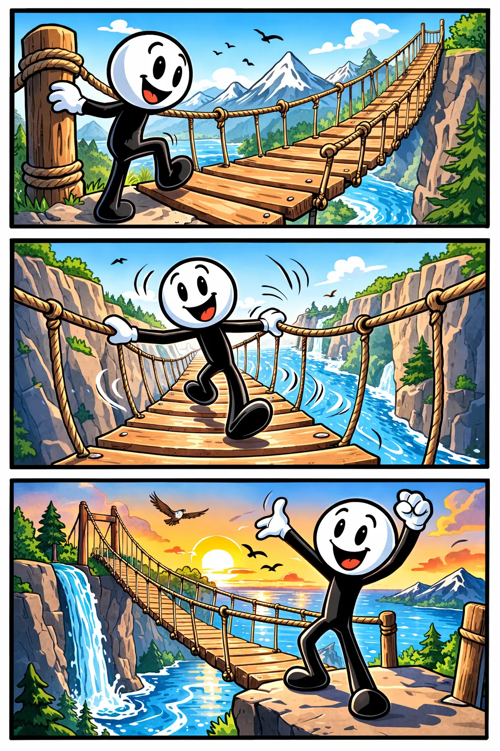 Stickman loopt vrolijk over een hangbrug die met kabels boven een rivier tussen rotsen hangt.