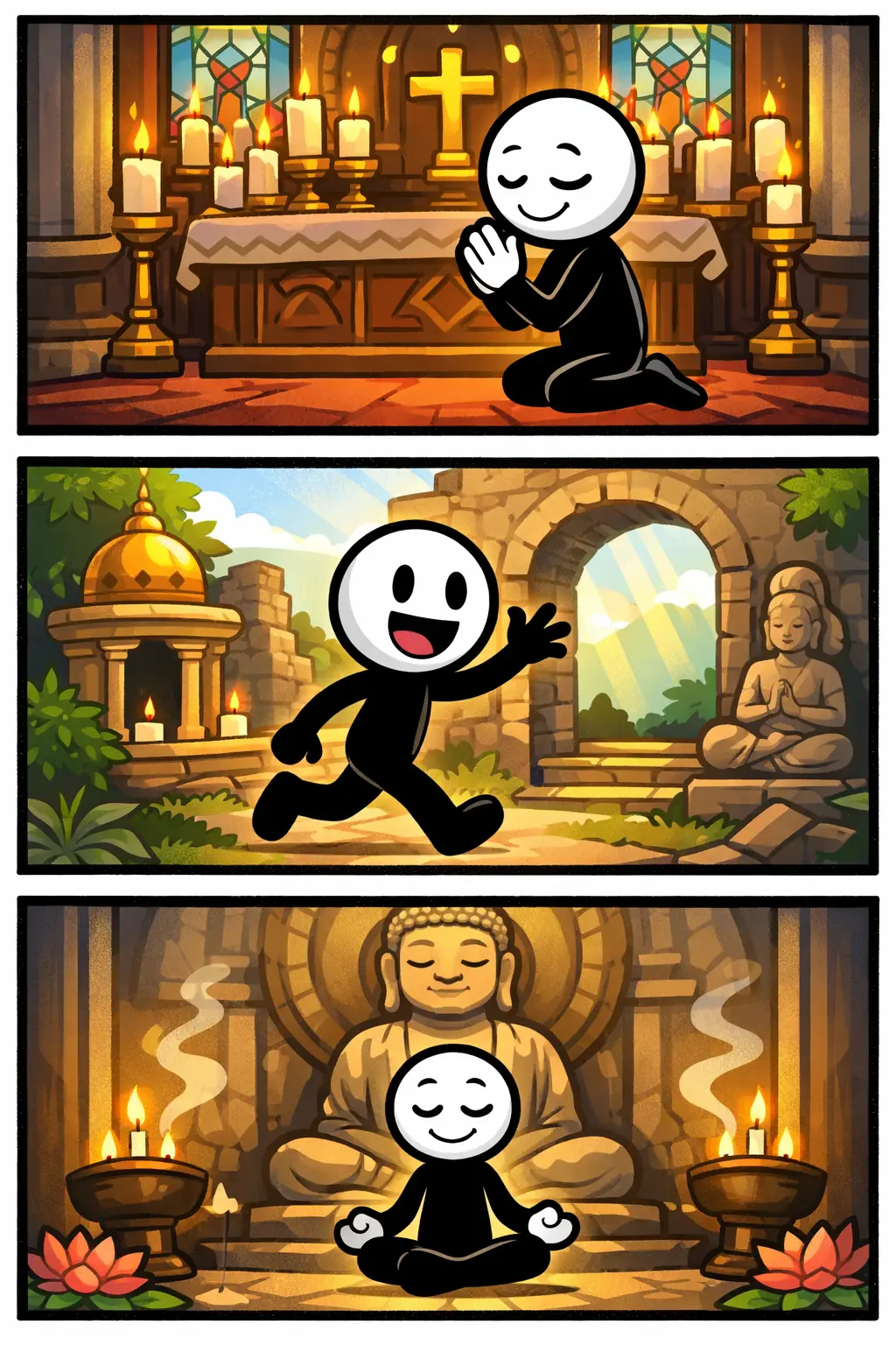 Een stickman beleeft verschillende momenten van rust en bezinning in een heiligdom, zoals bidden, ontdekken en mediteren in een spirituele omgeving.